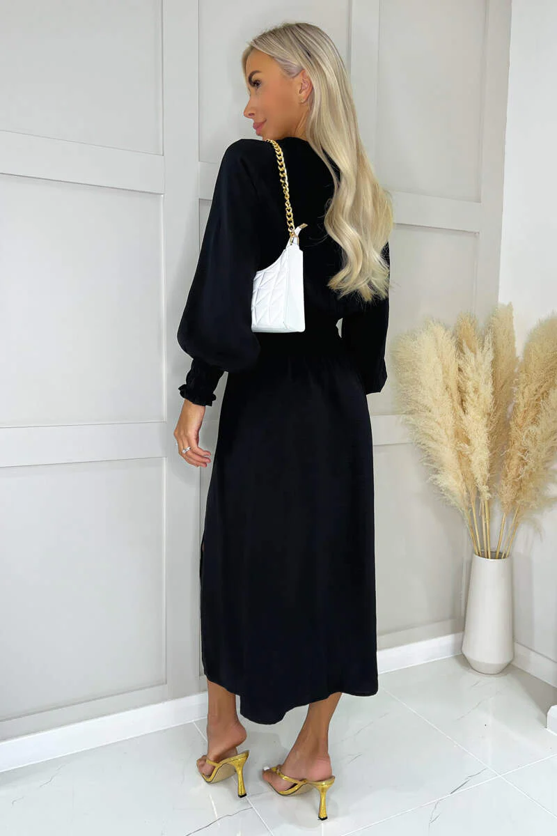 Black Long Sleeve Shirred Detail Midi Dress - Image 5
