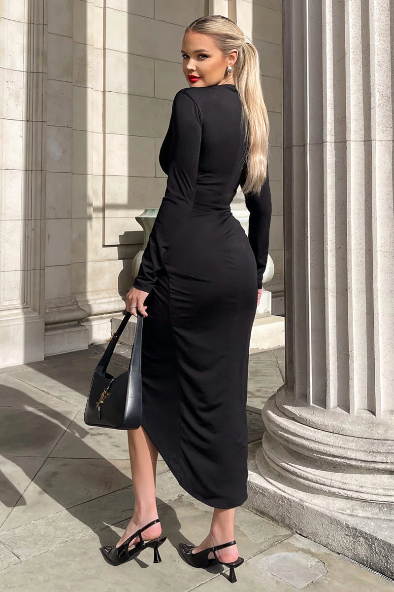 Black Long Sleeve Wrap Midi Dress - Image 4