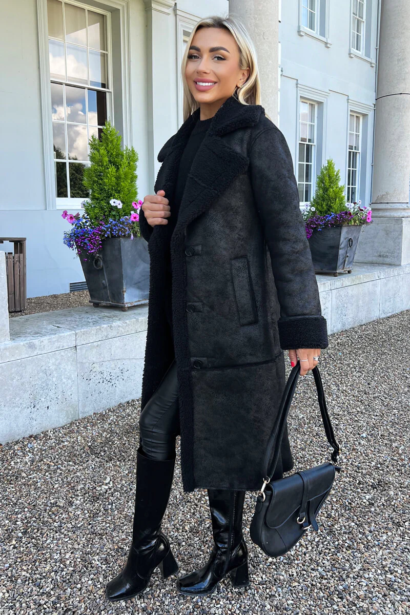 Black Longline Faux Shearling Coat - Image 2