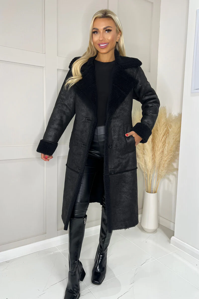 Black Longline Faux Shearling Coat - Image 3