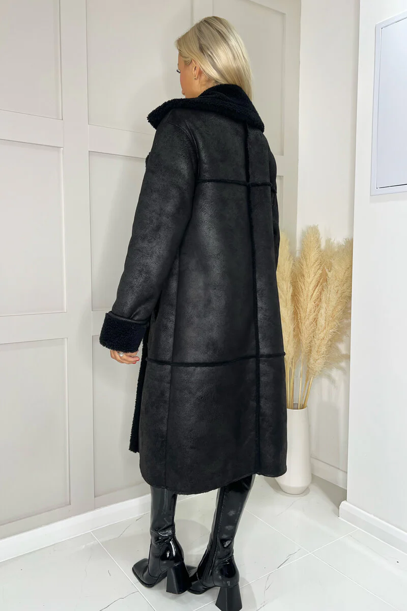 Black Longline Faux Shearling Coat - Image 4