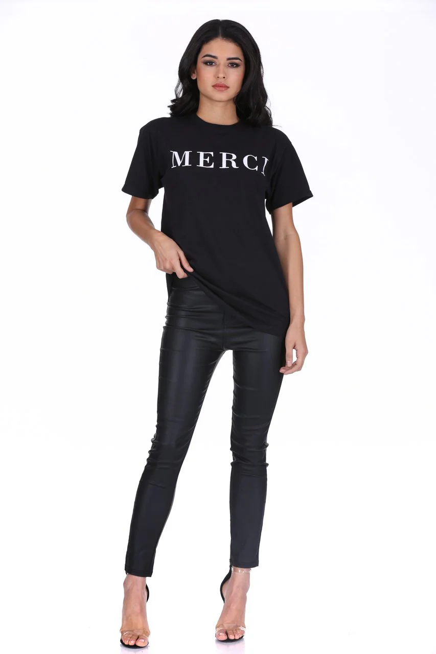 Black Merci Slogan T-Shirt - Image 2