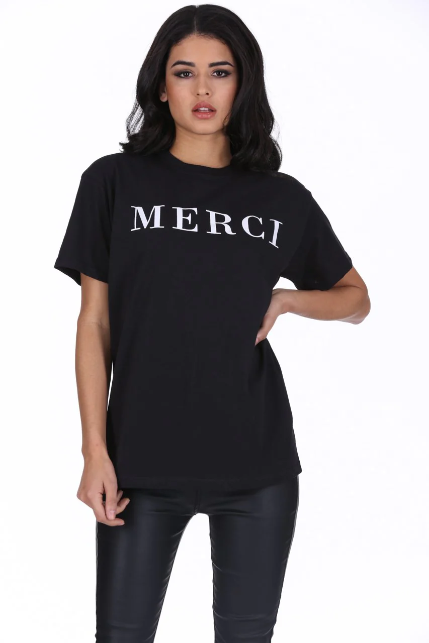 Black Merci Slogan T-Shirt - Image 3