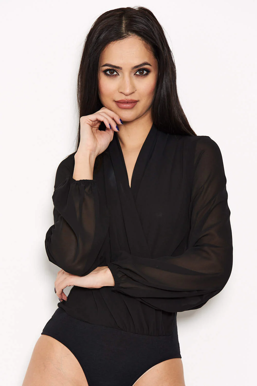 Black Mesh Detail Sleeved Bodysuit - Image 4