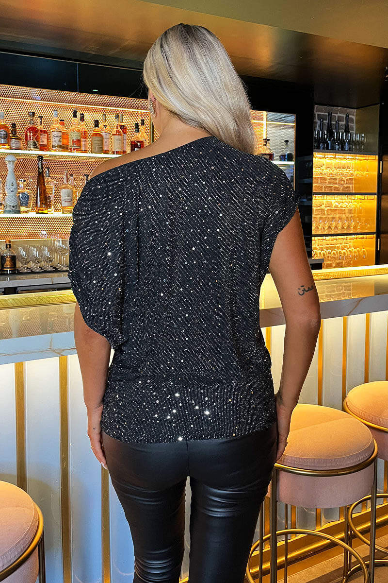 Black Metallic Sparkle and Sequin Asymmetric Draped Top - Image 4