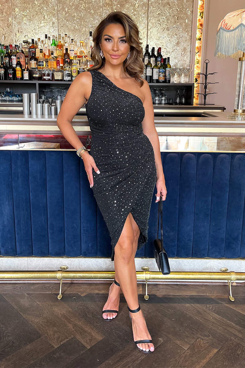 Black Metallic Sparkle and Sequin One Shoulder Draped Wrap Skirt Midi Dress - Image 5