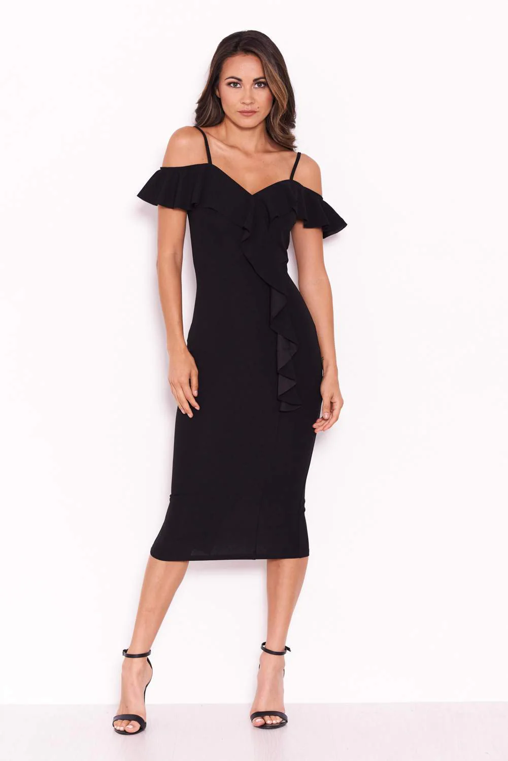 Black Midi Dress With Frill Detail - Image 2