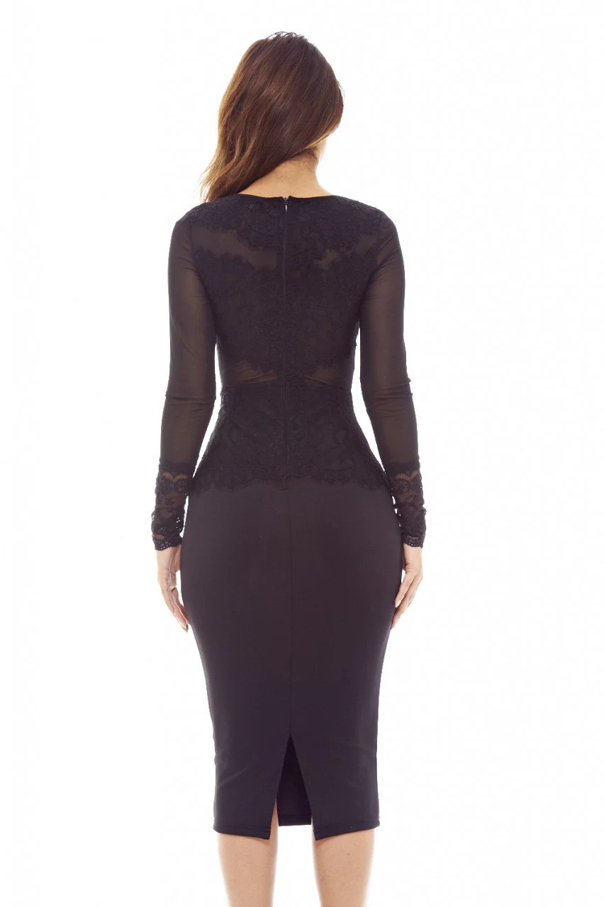 Black Midi Dress with Lace and Mesh Detail - Image 3