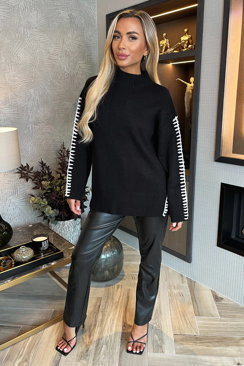 Black Mock Neck Blanket Stitch Detail Knit Jumper - Image 2