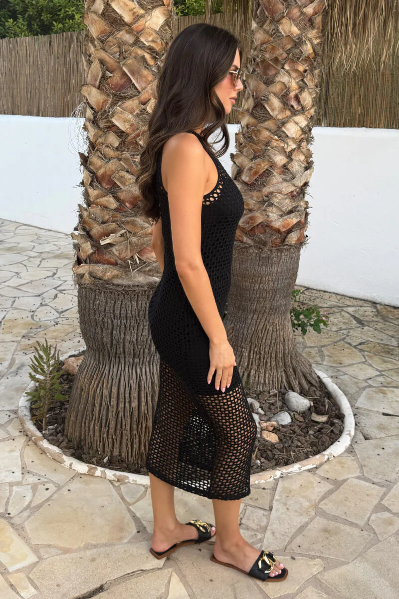 Black Net Overlay Round Neck Midi Dress - Image 4