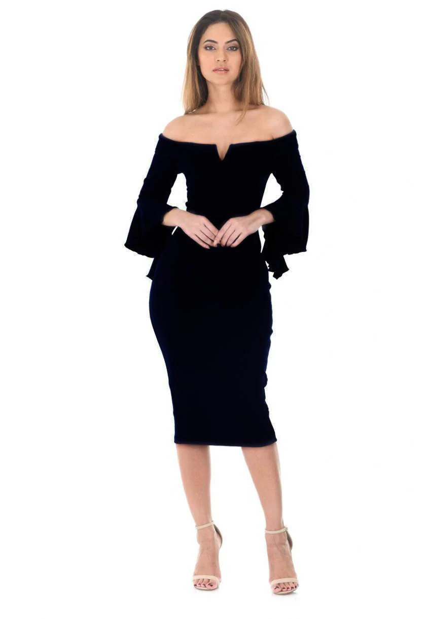 Black Notch Front Frill Sleeve Midi Dress - Image 2