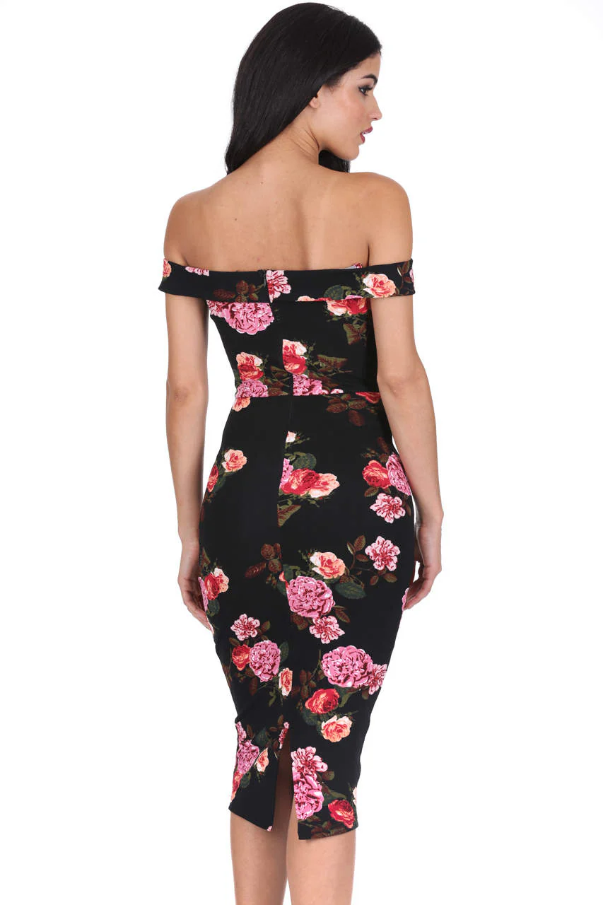 Black Notch Front Off The Shoulder Floral Midi Dress - Image 3