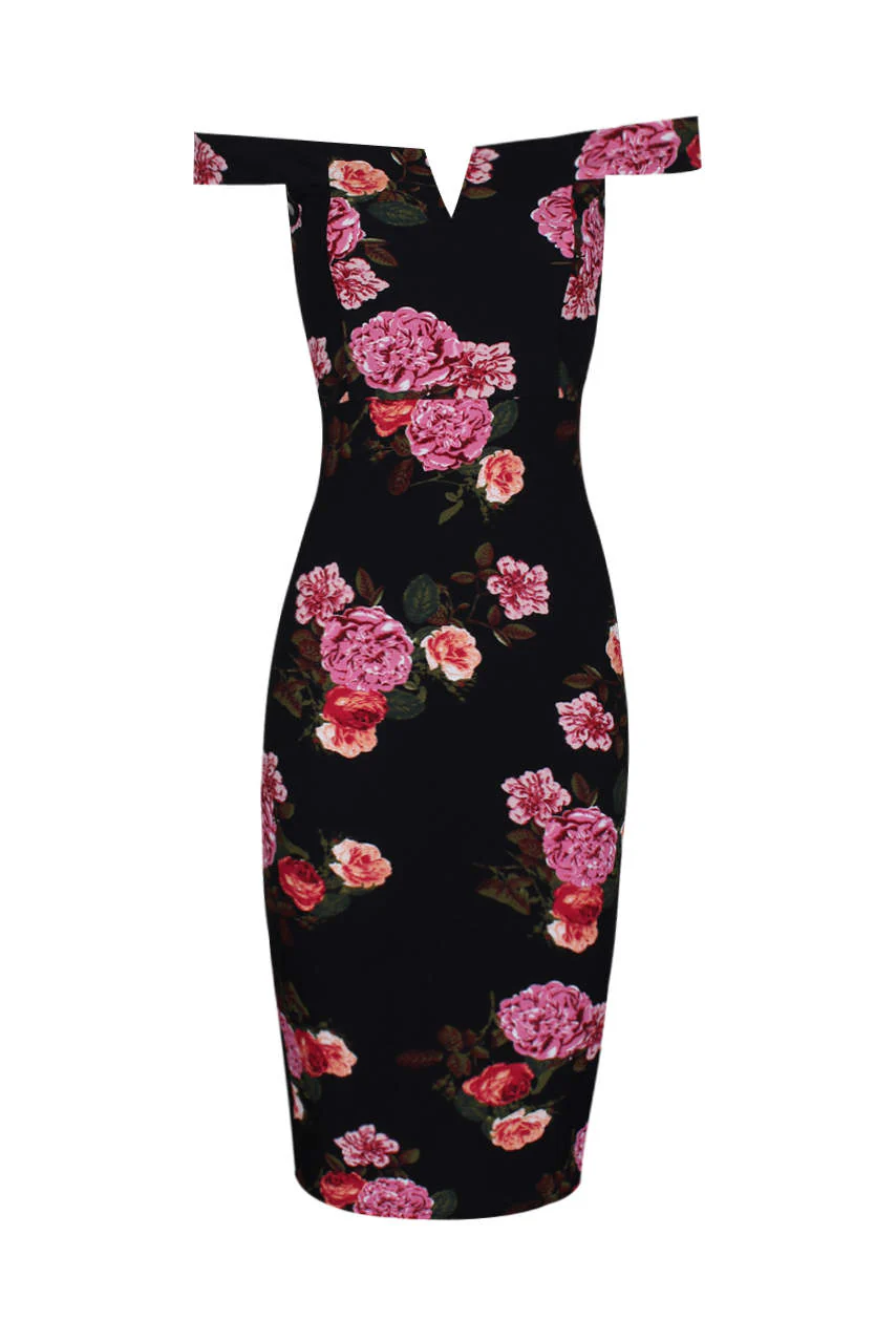 Black Notch Front Off The Shoulder Floral Midi Dress - Image 4