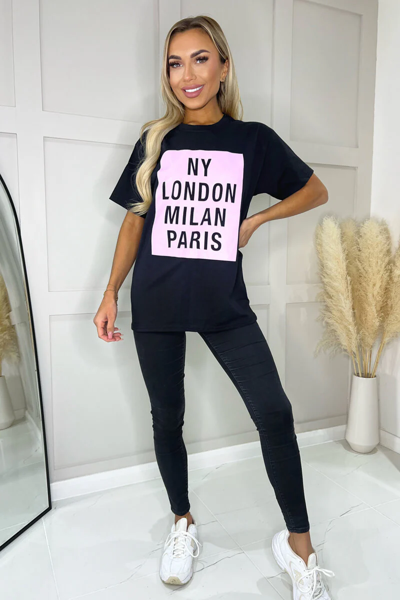 Black NY London Milan Paris Slogan T-Shirt - Image 2