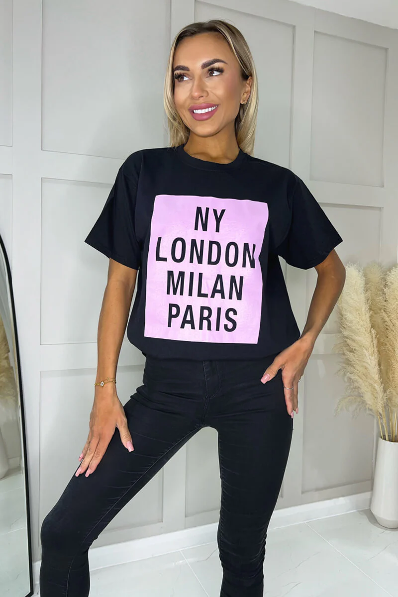 Black NY London Milan Paris Slogan T-Shirt - Image 3