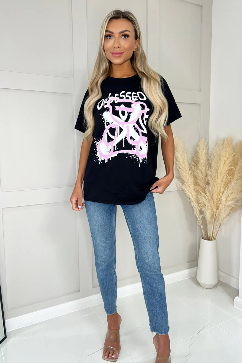 Black Obsessed Slogan T-Shirt - Image 2
