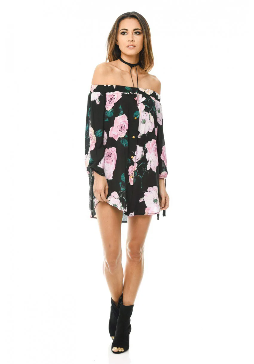 Black Off Shoulder Floral Dress - Image 2