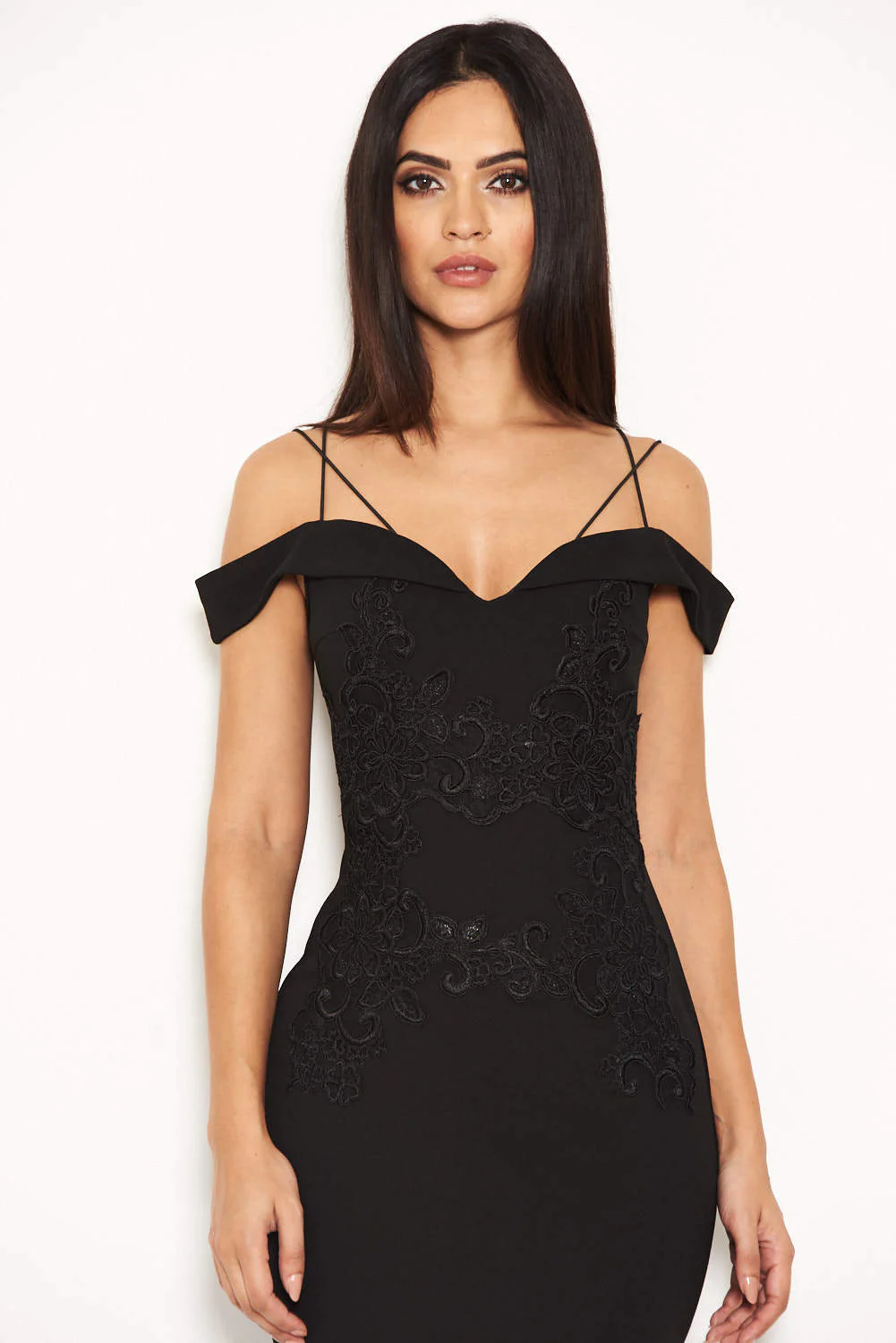Black Off The Shoulder Lace Midi Dress With Delicate Straps - Image 5