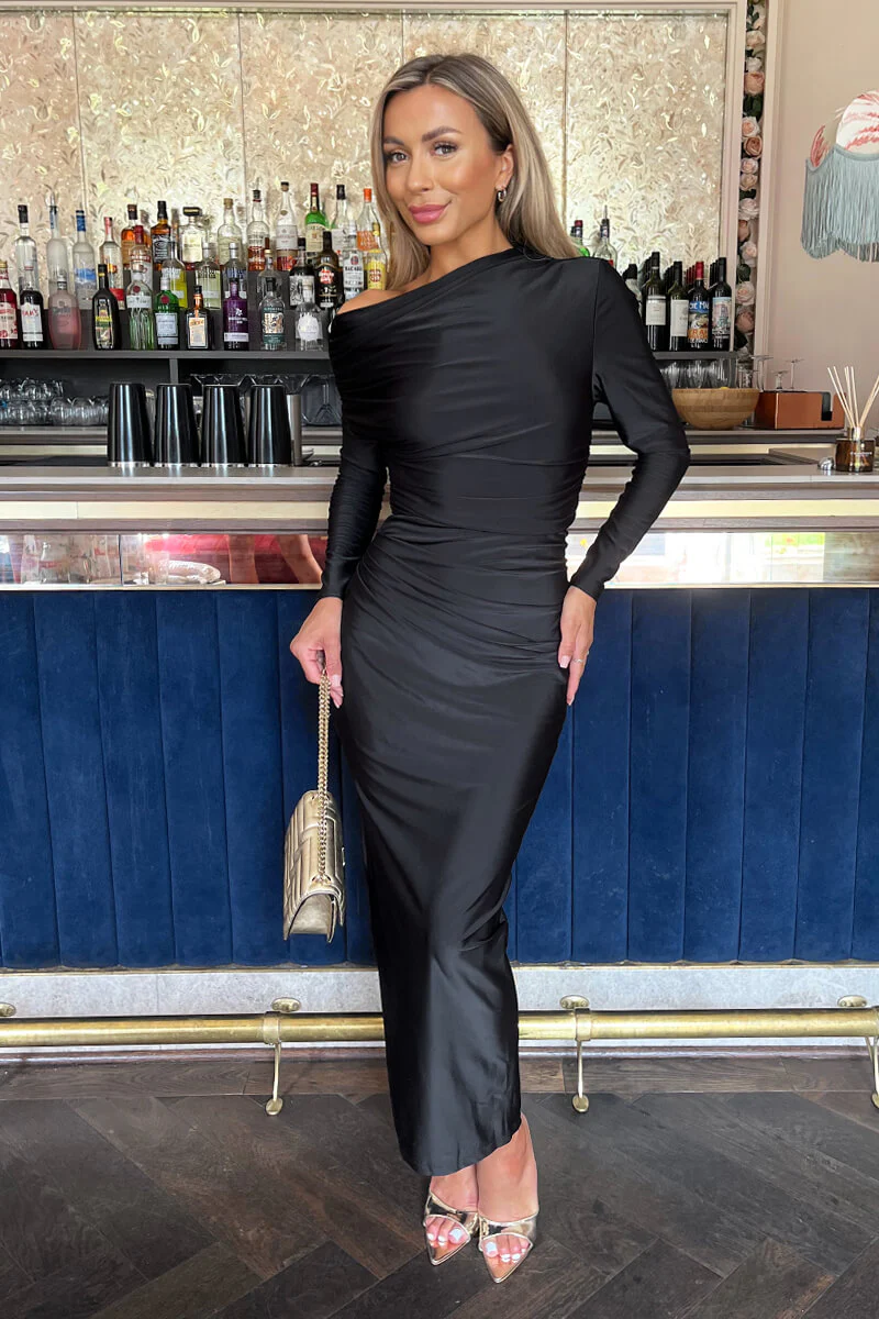 Black Off The Shoulder Long Sleeved Draped Midi Dress - Image 3