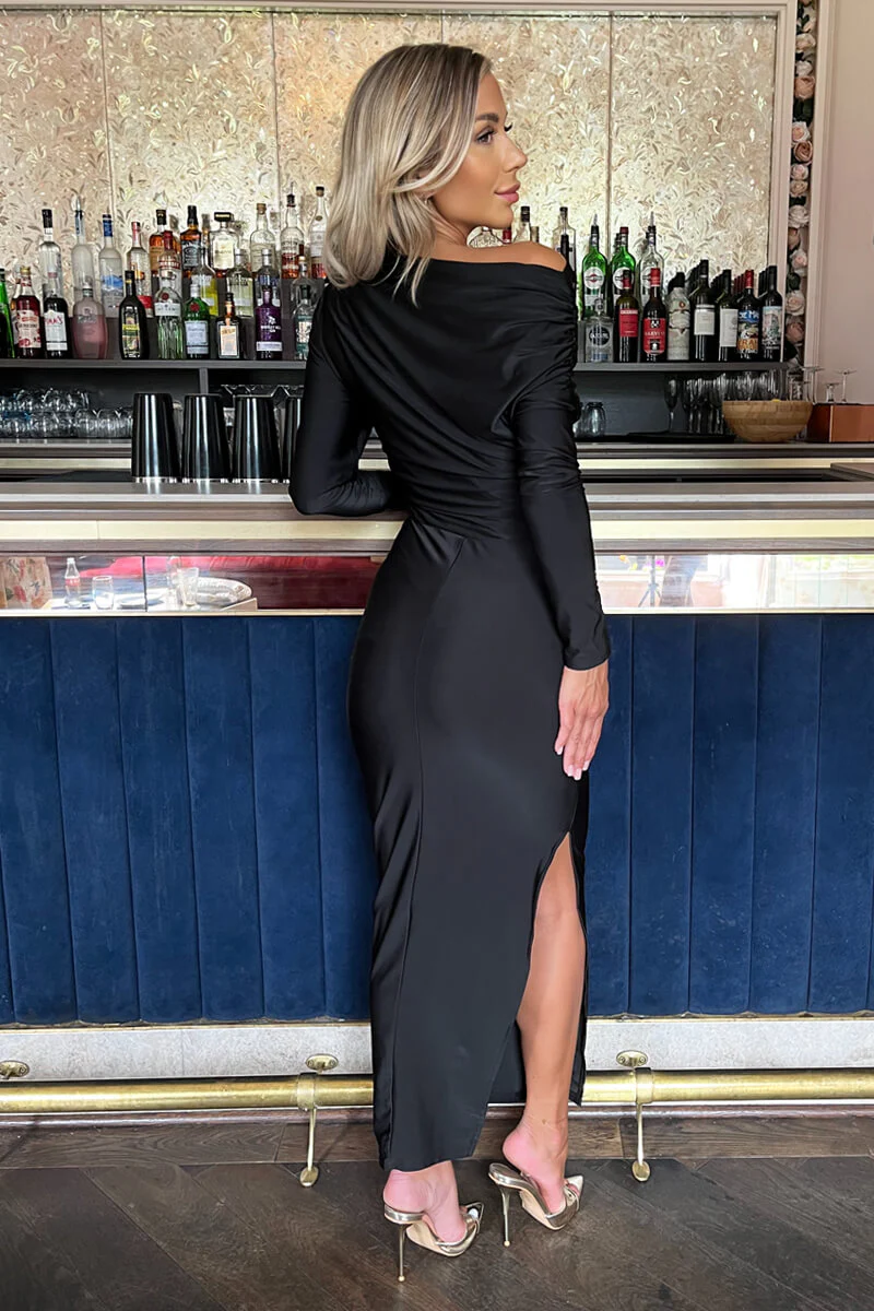 Black Off The Shoulder Long Sleeved Draped Midi Dress - Image 4