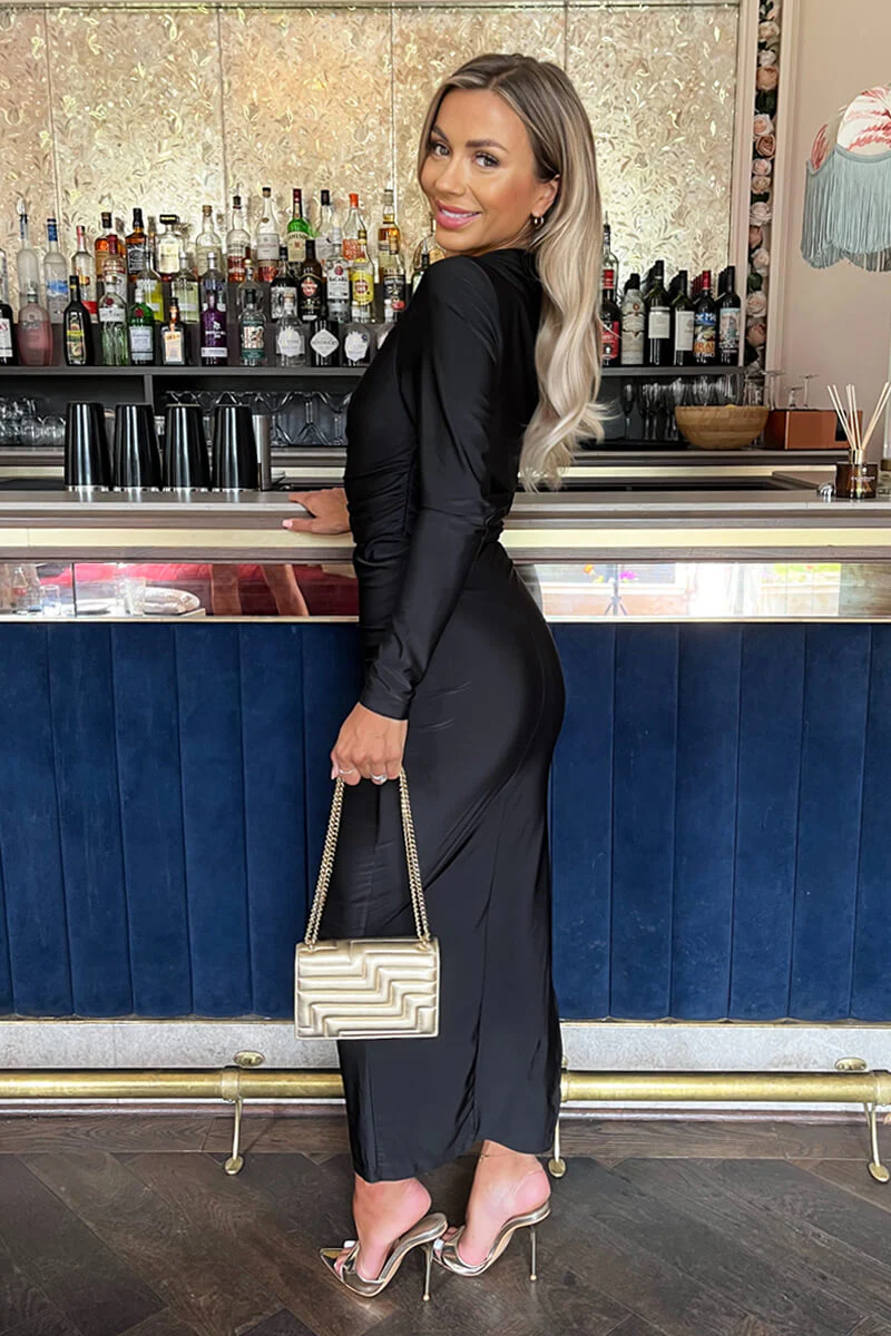 Black Off The Shoulder Long Sleeved Draped Midi Dress - Image 5