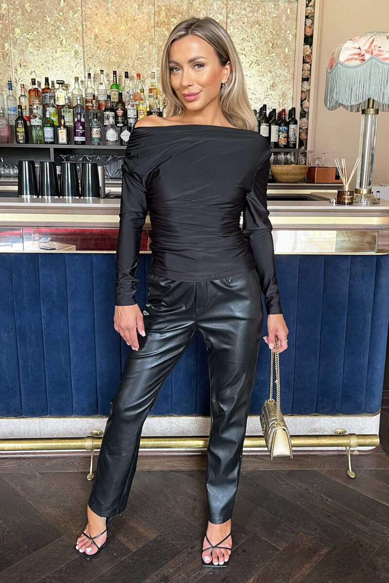 Black Off The Shoulder Long Sleeves Ruched Waist Top - Image 3