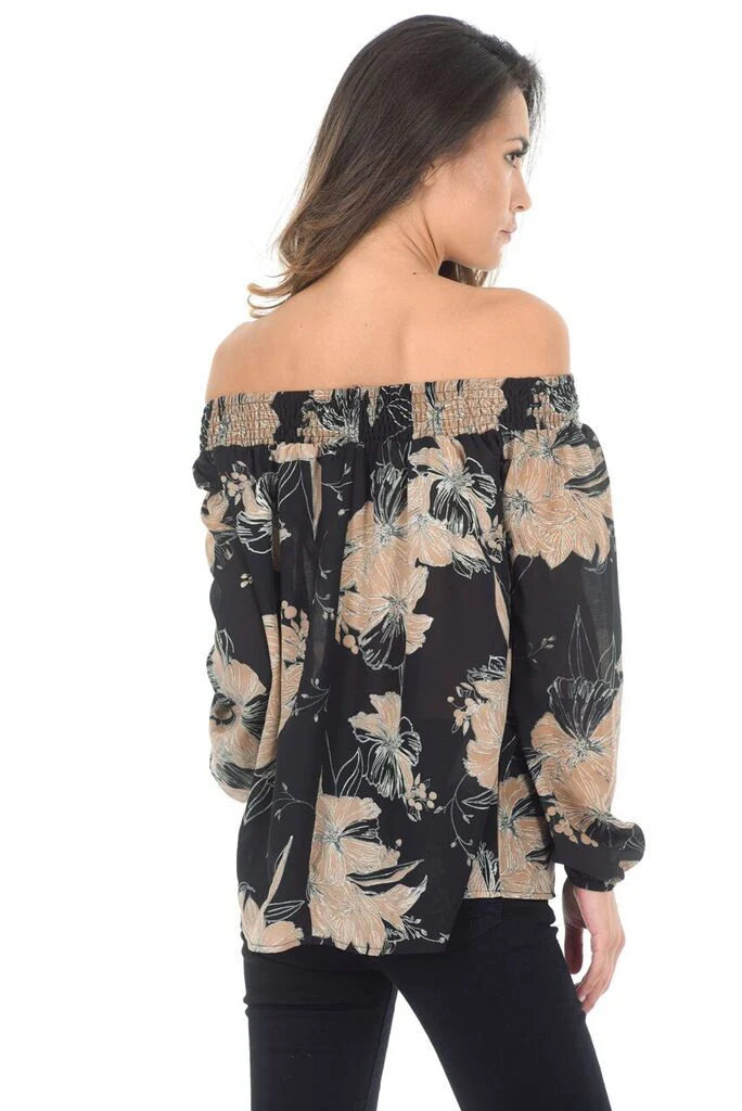 Black Off The Shoulder Print Contrast Top - Image 3