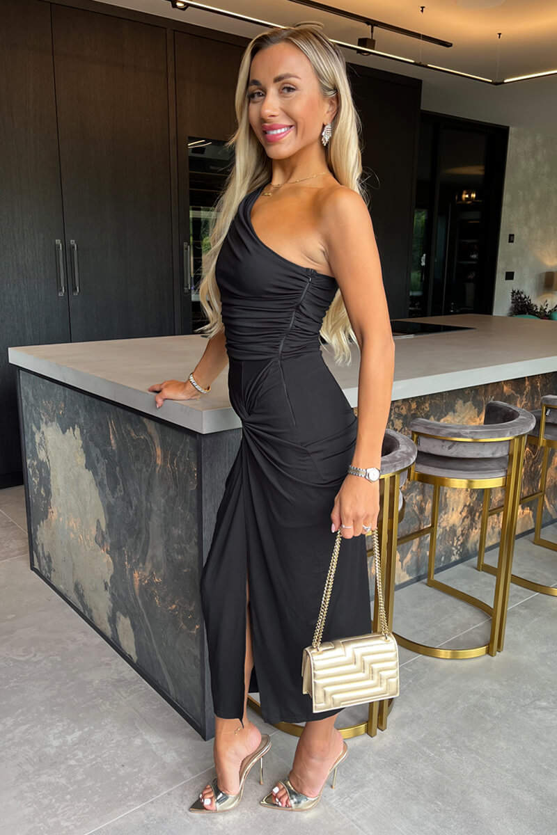Black One Shoulder Knot Skirt Midi Dress - Image 3