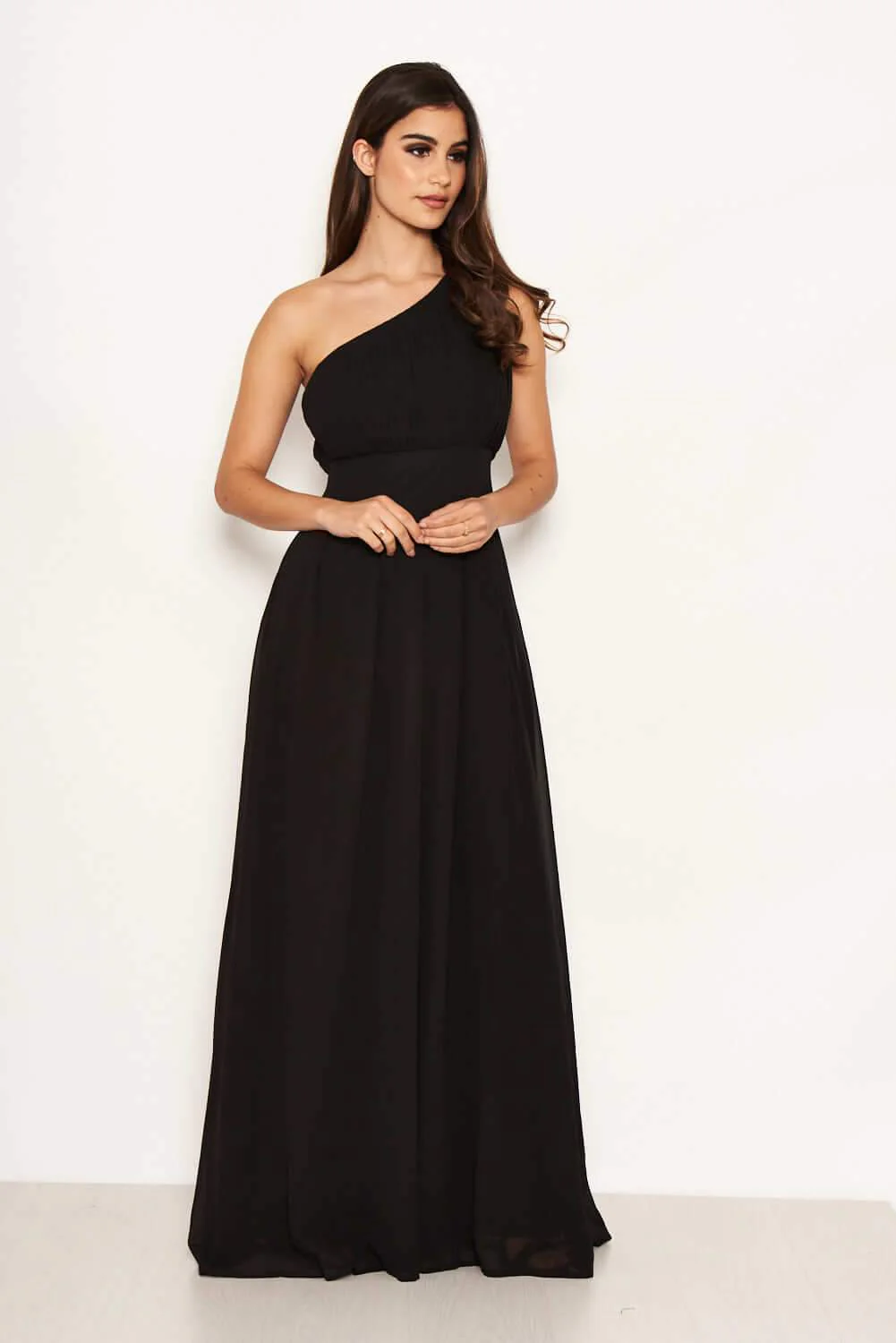 Black One Shoulder Pleated Maxi Dress - Image 2