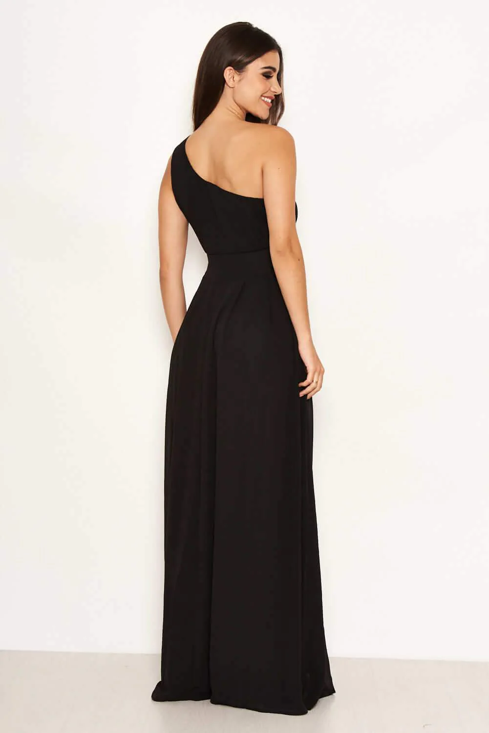 Black One Shoulder Pleated Maxi Dress - Image 3