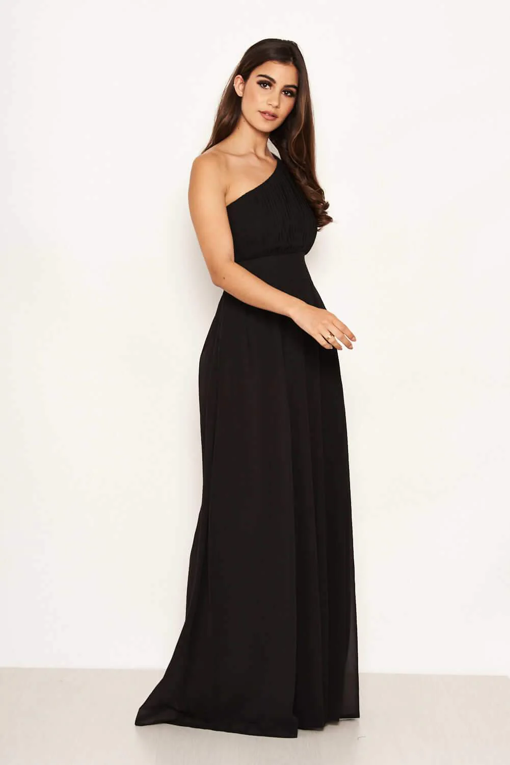 Black One Shoulder Pleated Maxi Dress - Image 4