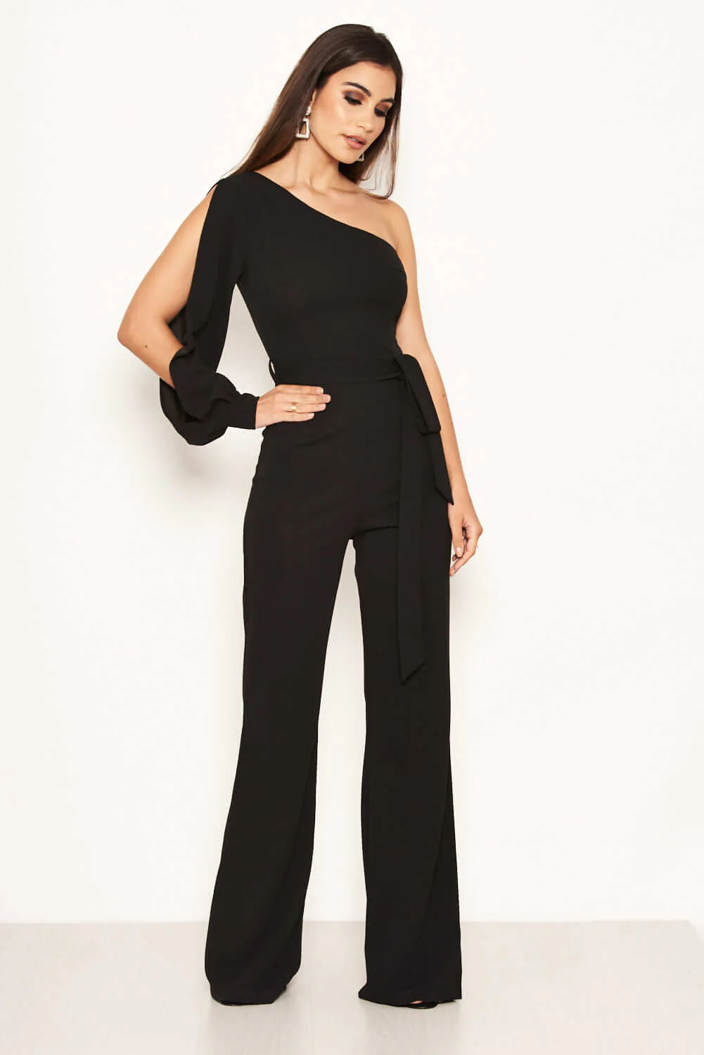 Black One Shoulder Split Sleeve Jumpsuit - Image 2