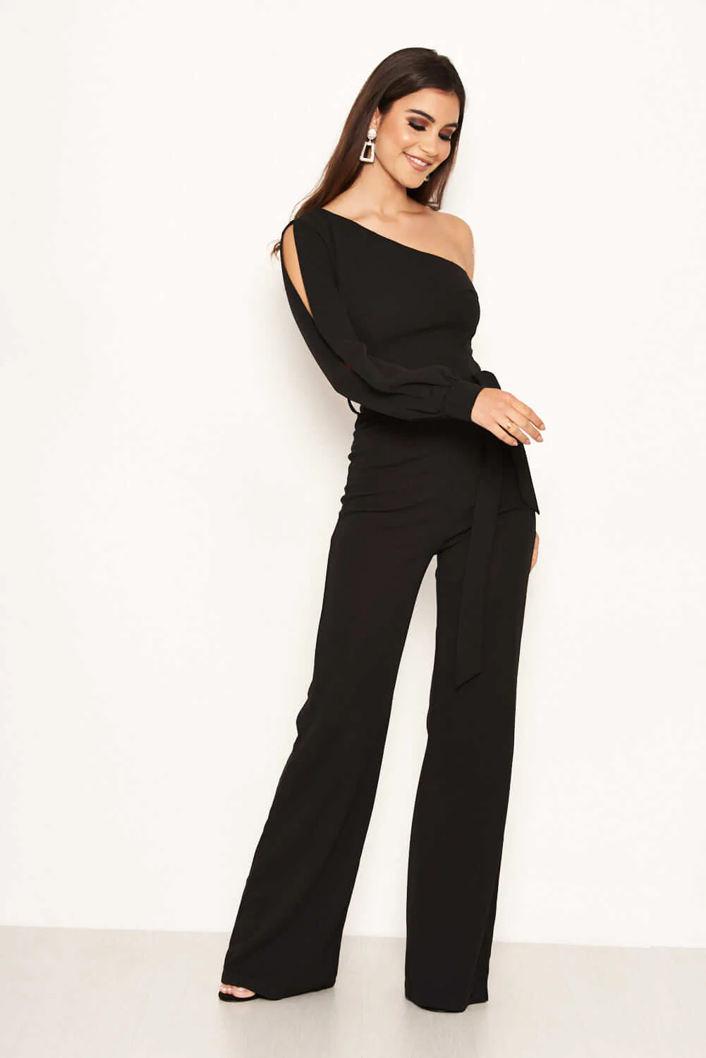 Black One Shoulder Split Sleeve Jumpsuit - Image 3