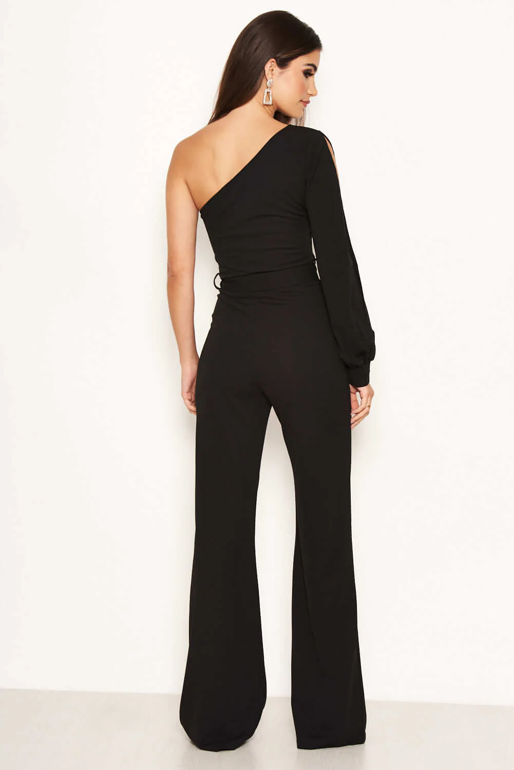 Black One Shoulder Split Sleeve Jumpsuit - Image 4