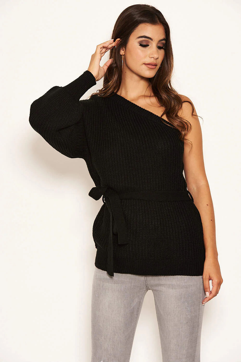 Black One Shoulder Tie Waist Knit Jumper - Image 4