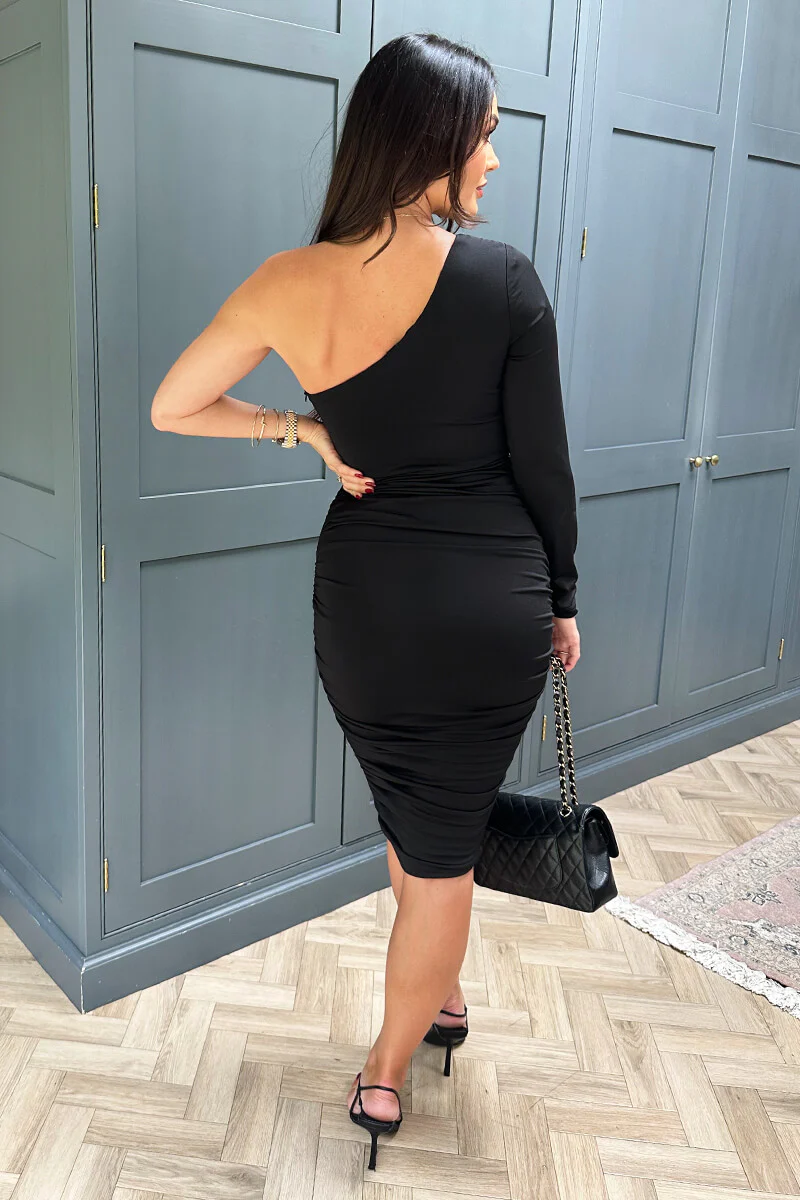 Black One Sleeve Ruched Bodycon Midi Dress - Image 4