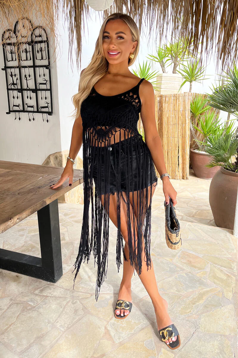 Black Open Knit Crochet Fringe Hem Crop Top - Image 3