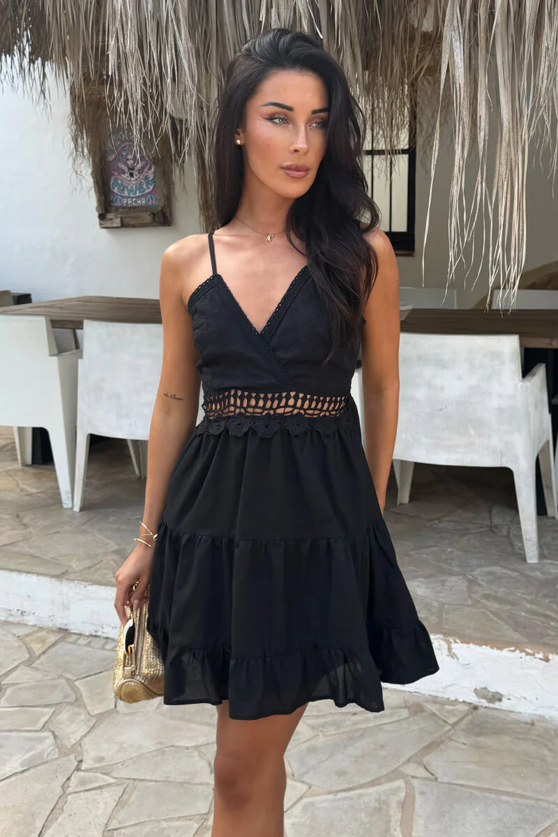 Black Open Tie Back Crochet Detail Tiered Mini Dress - Image 3