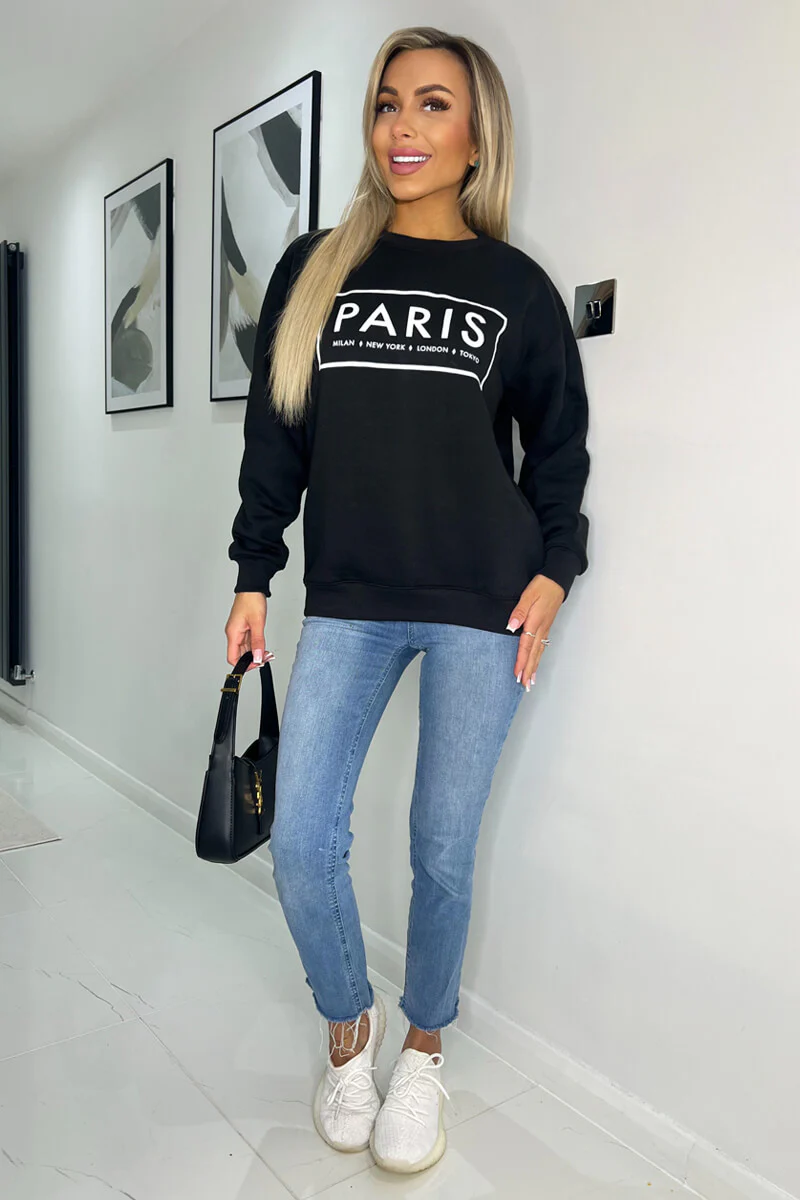 Black Paris Slogan Crew Neck Sweatshirt - Image 2