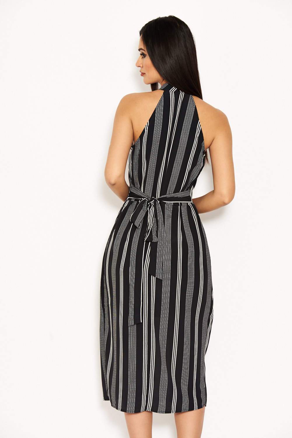 Black Pin Striped Wrap Skirt Cut In Neck Dress - Image 3
