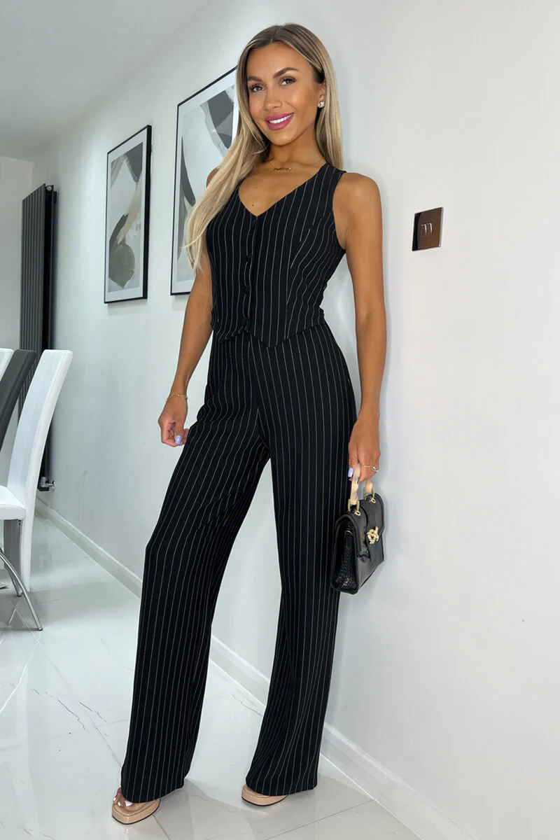 Black Pinstripe Waistcoat Detail Wide Leg Jumpsuit - Image 2