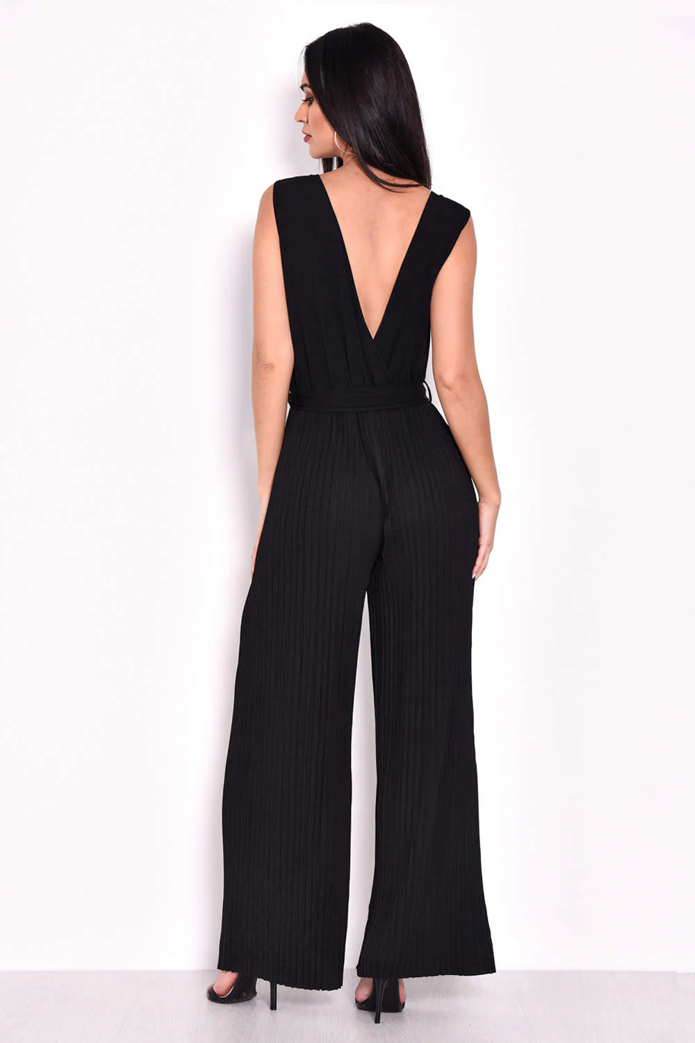 Black Pleated Tie-Waist Jumpsuit - Image 3