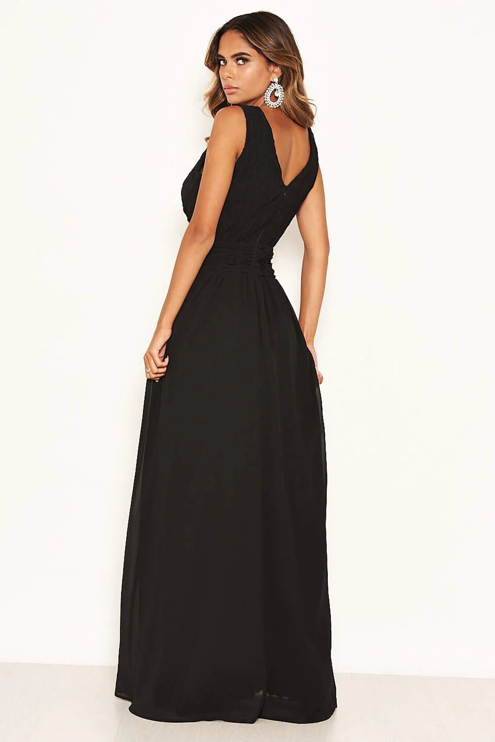 Black Pleated V Neck Maxi Dress - Image 3