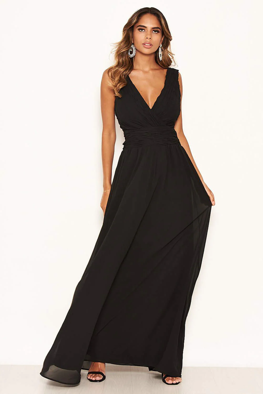 Black Pleated V Neck Maxi Dress - Image 4