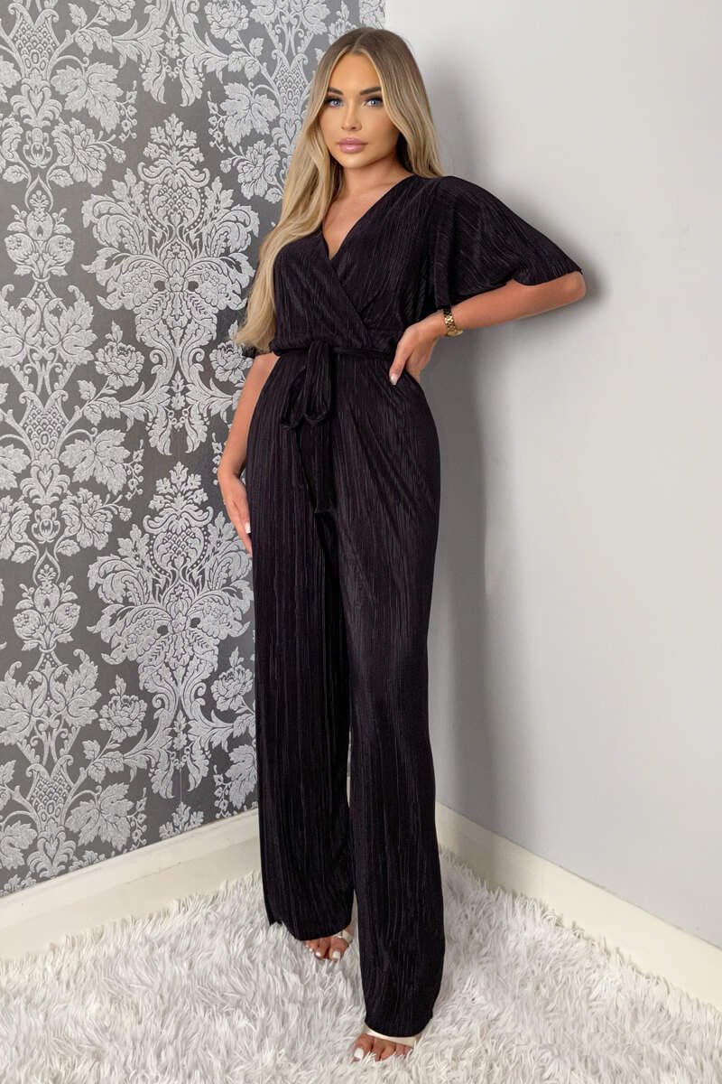 Black Plisse Wrap Top Jumpsuit - Image 3