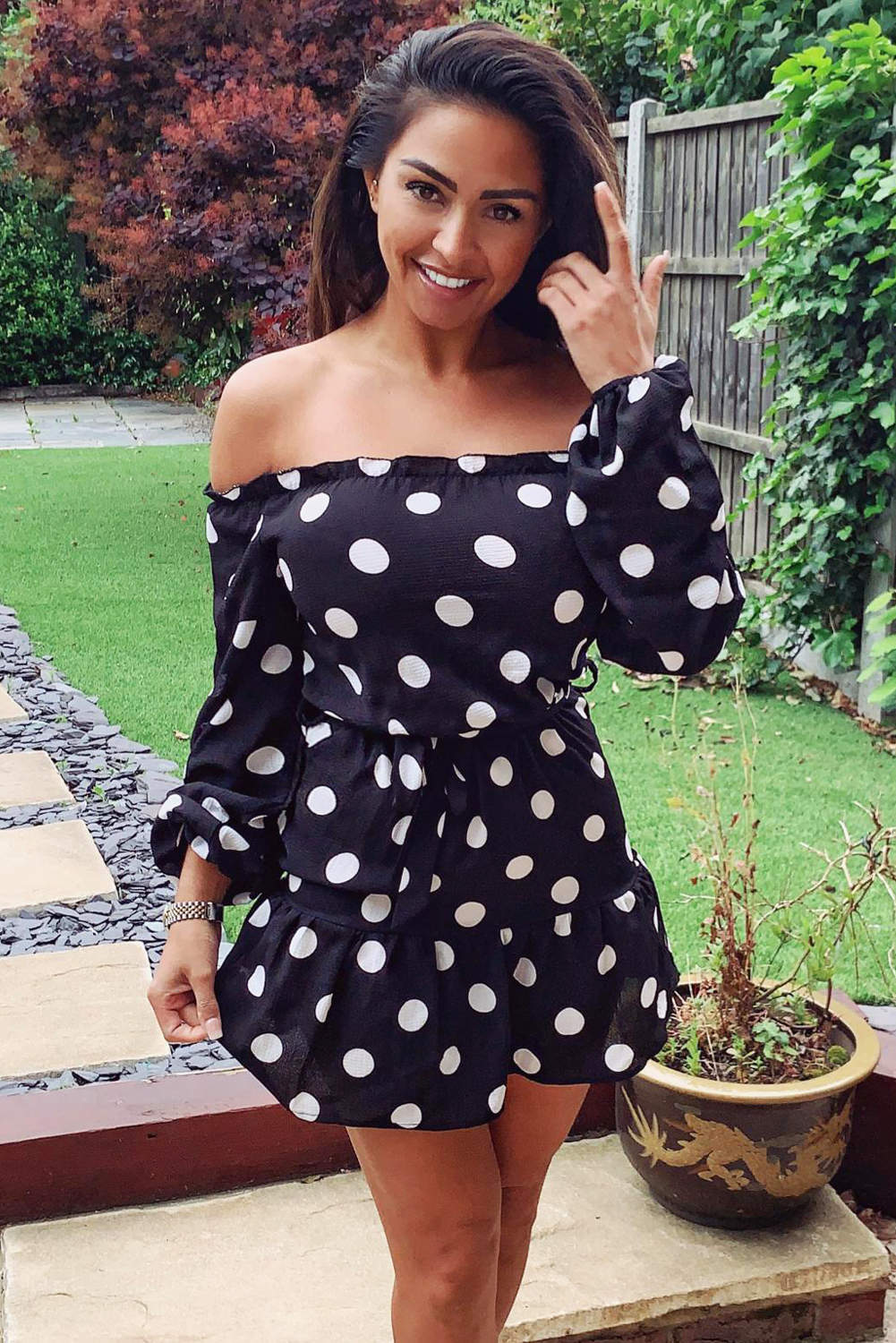 Black Polka Dot Bardot Ruffle Dress - Image 2