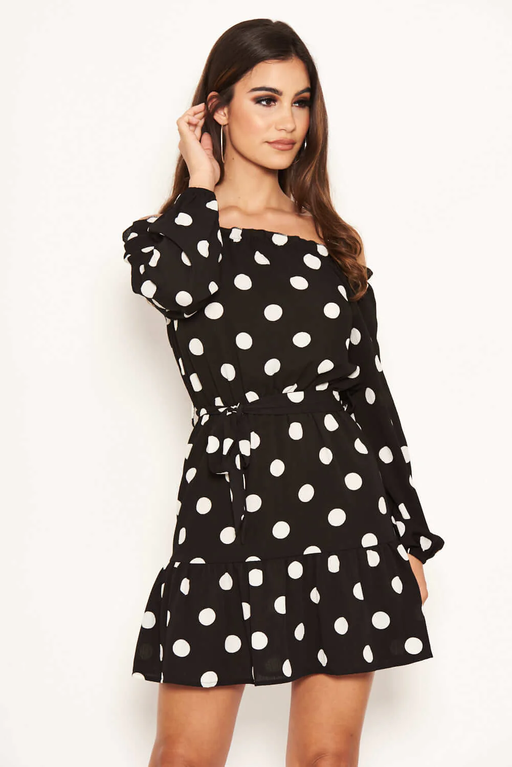 Black Polka Dot Bardot Ruffle Dress - Image 3