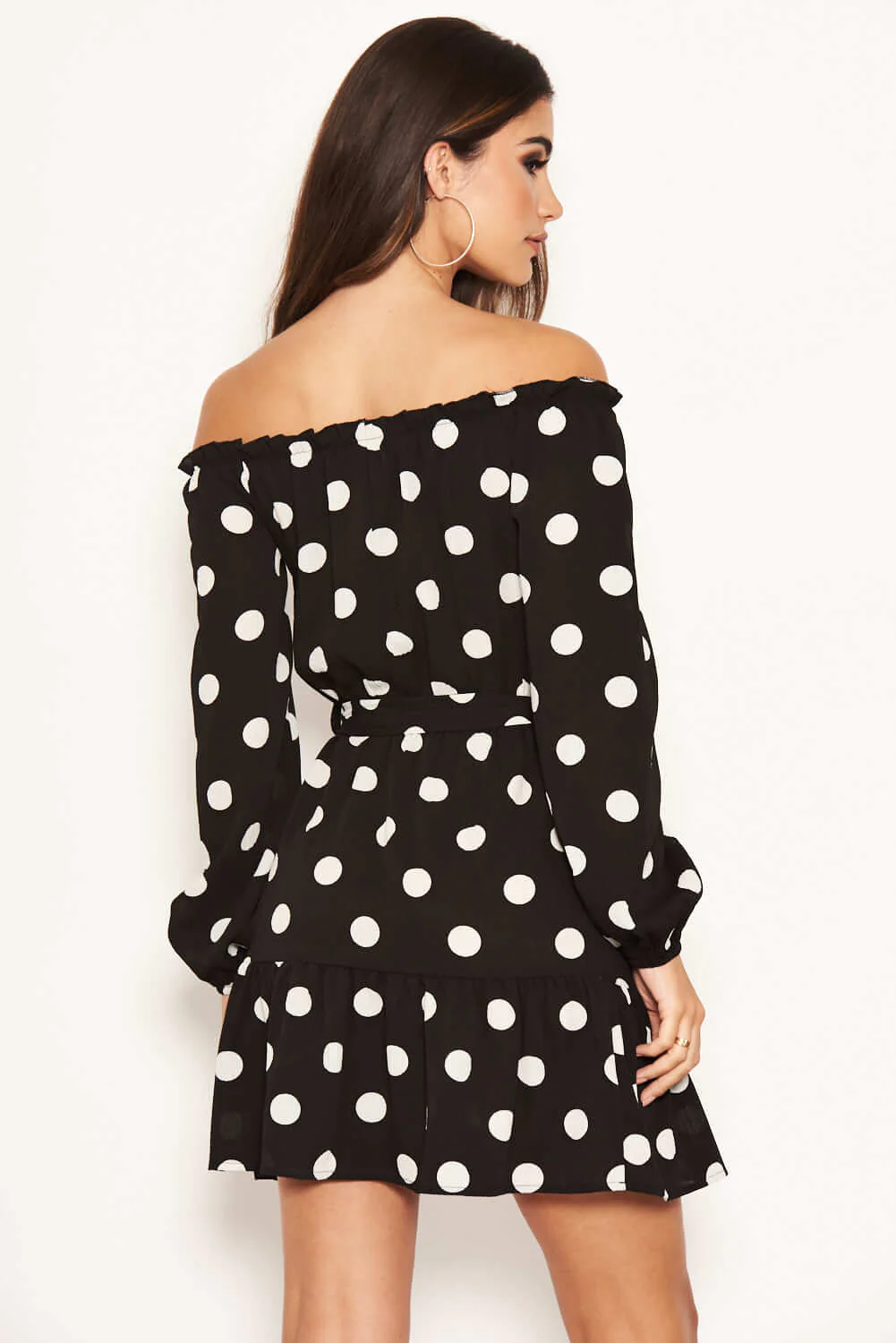 Black Polka Dot Bardot Ruffle Dress - Image 5