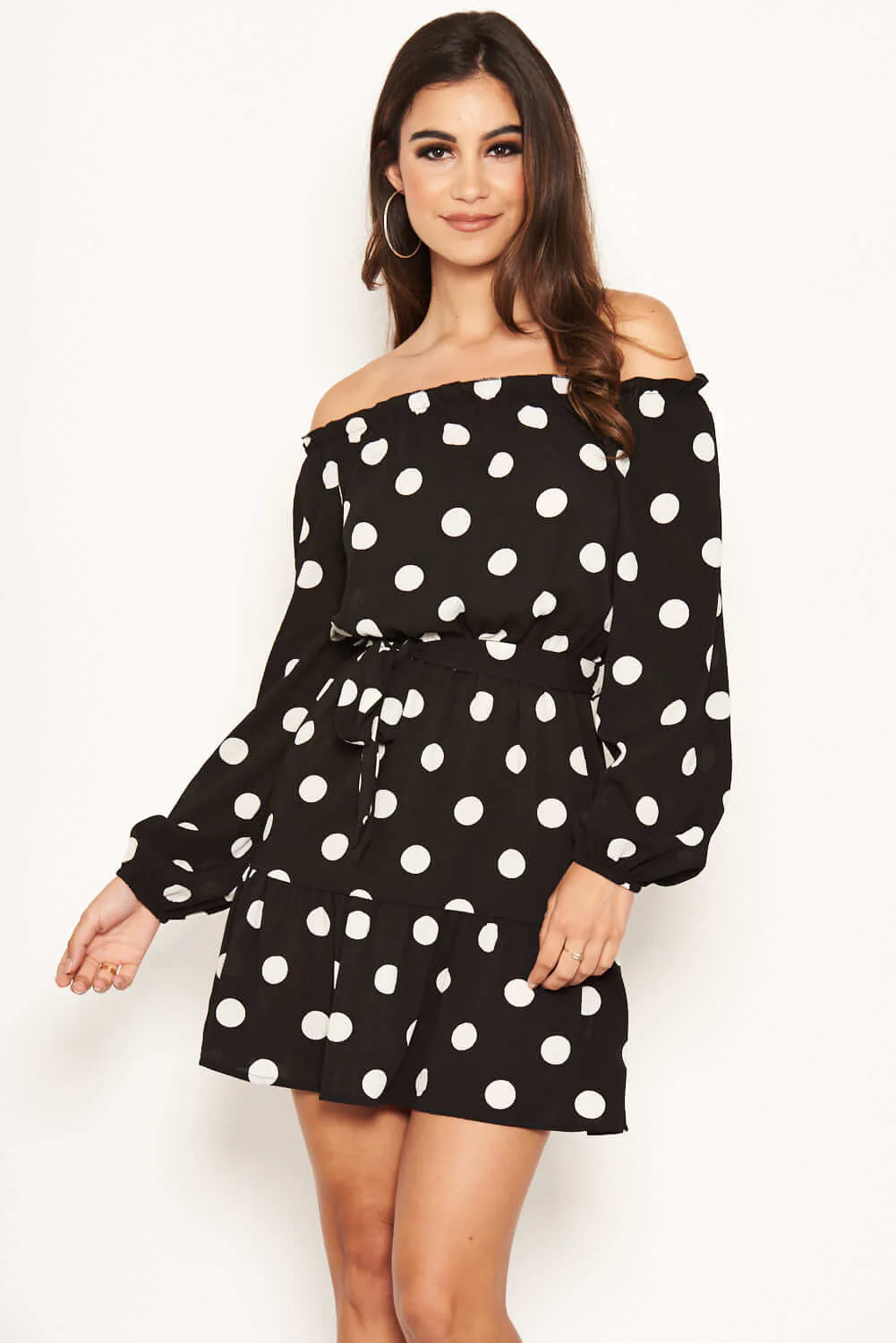 Black Polka Dot Bardot Ruffle Dress - Image 6