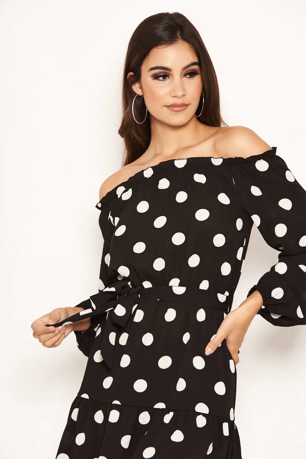 Black Polka Dot Bardot Ruffle Dress - Image 7